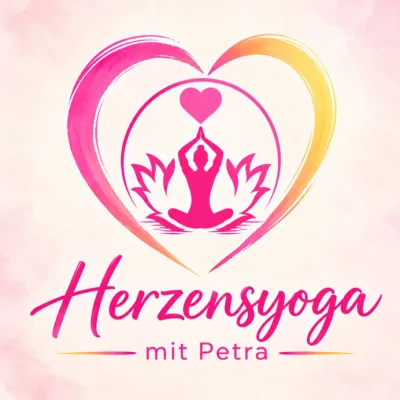 Logo Herzensyoga mit Petra: meditierende Figur im Lotussitz in einem gemalten Herz